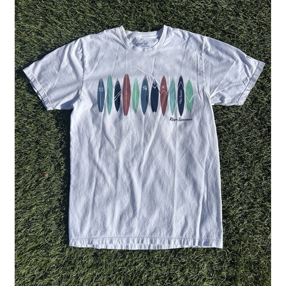 Reyn Spooner Surfboard Graphic T Shirt Mens Small White 100% Cotton Hawaii Surf